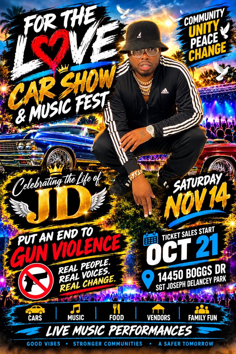For The Love Car Show and Music Fest flyer honoring JD